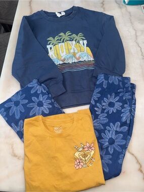 Roxy Kids Matching Set - Navy Crewneck sweater, Mustard Shirt, Navy Floral Pants